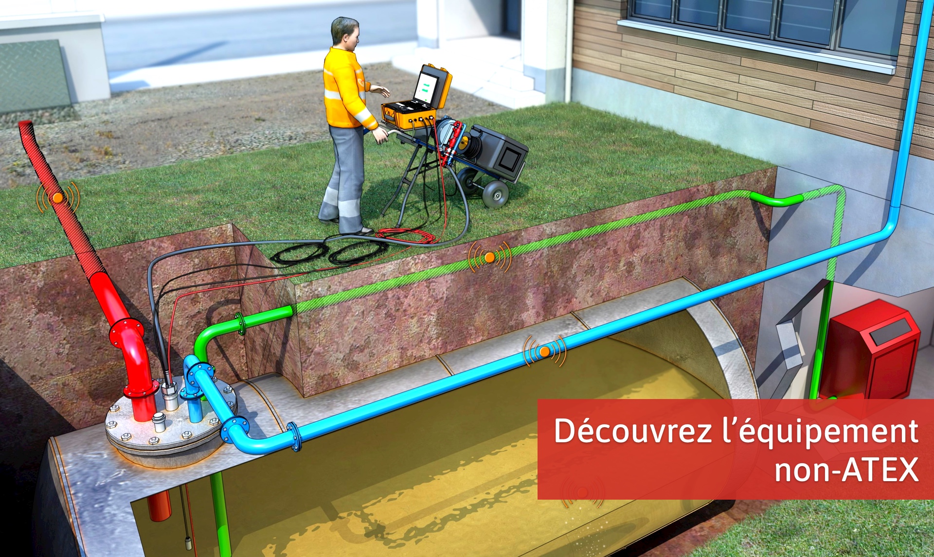 Équipement de contrôle d'étanchéité de cuve à mazout et fioul sur un trolley